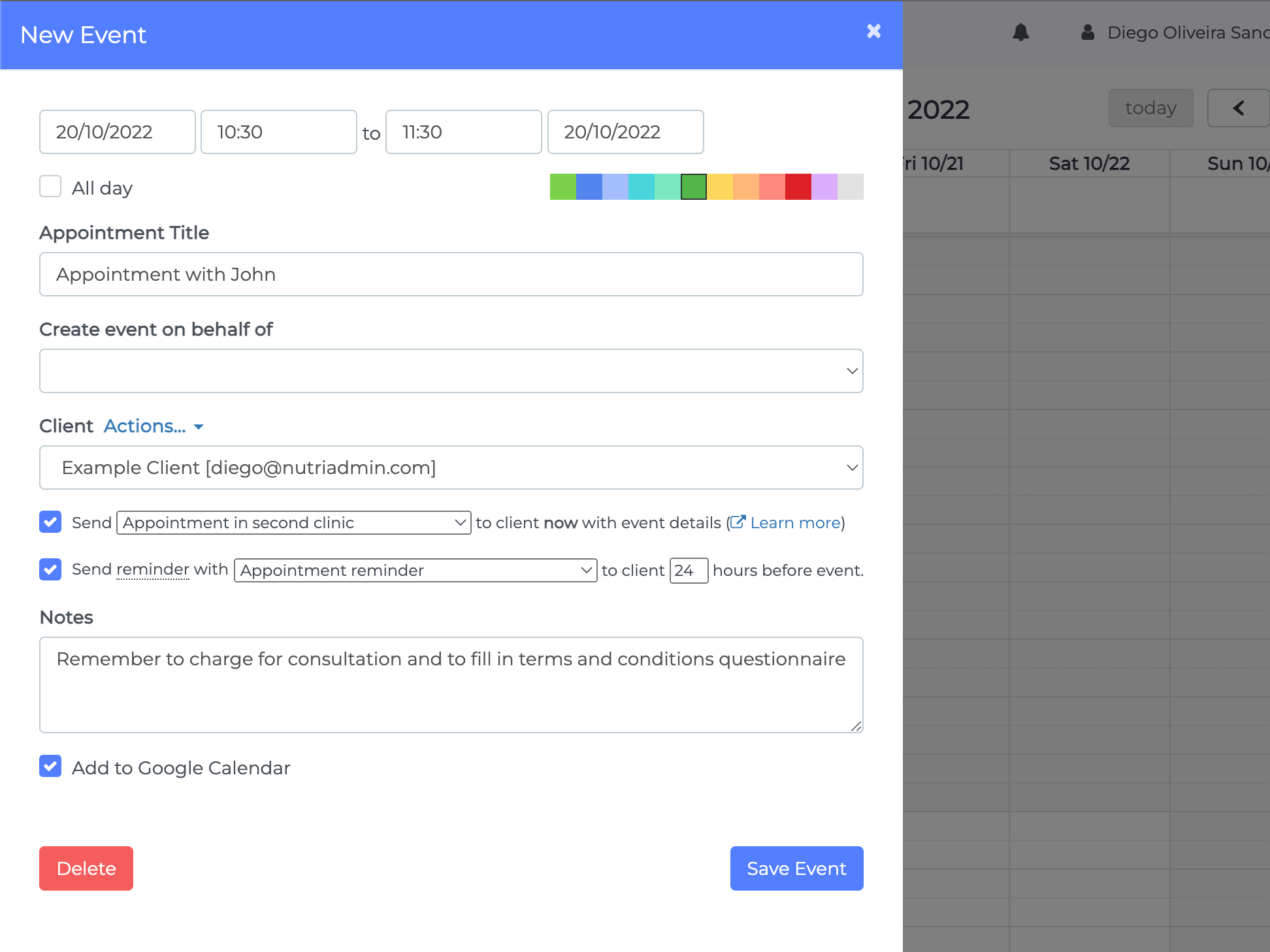 calendar and client reminders for nutritionists