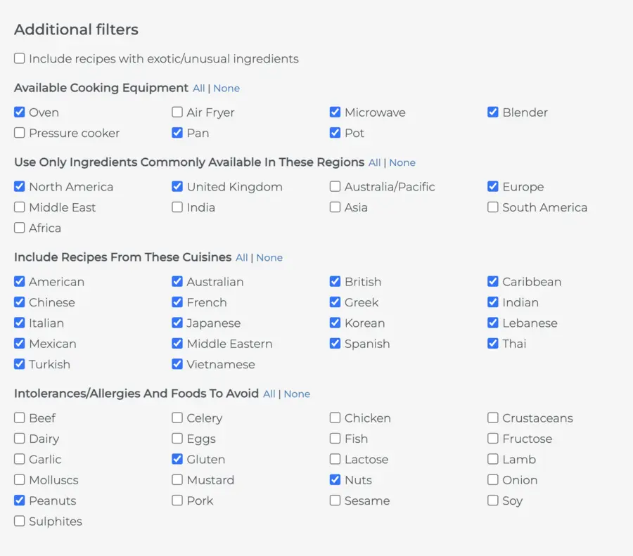 Meal Plan Generator Filters