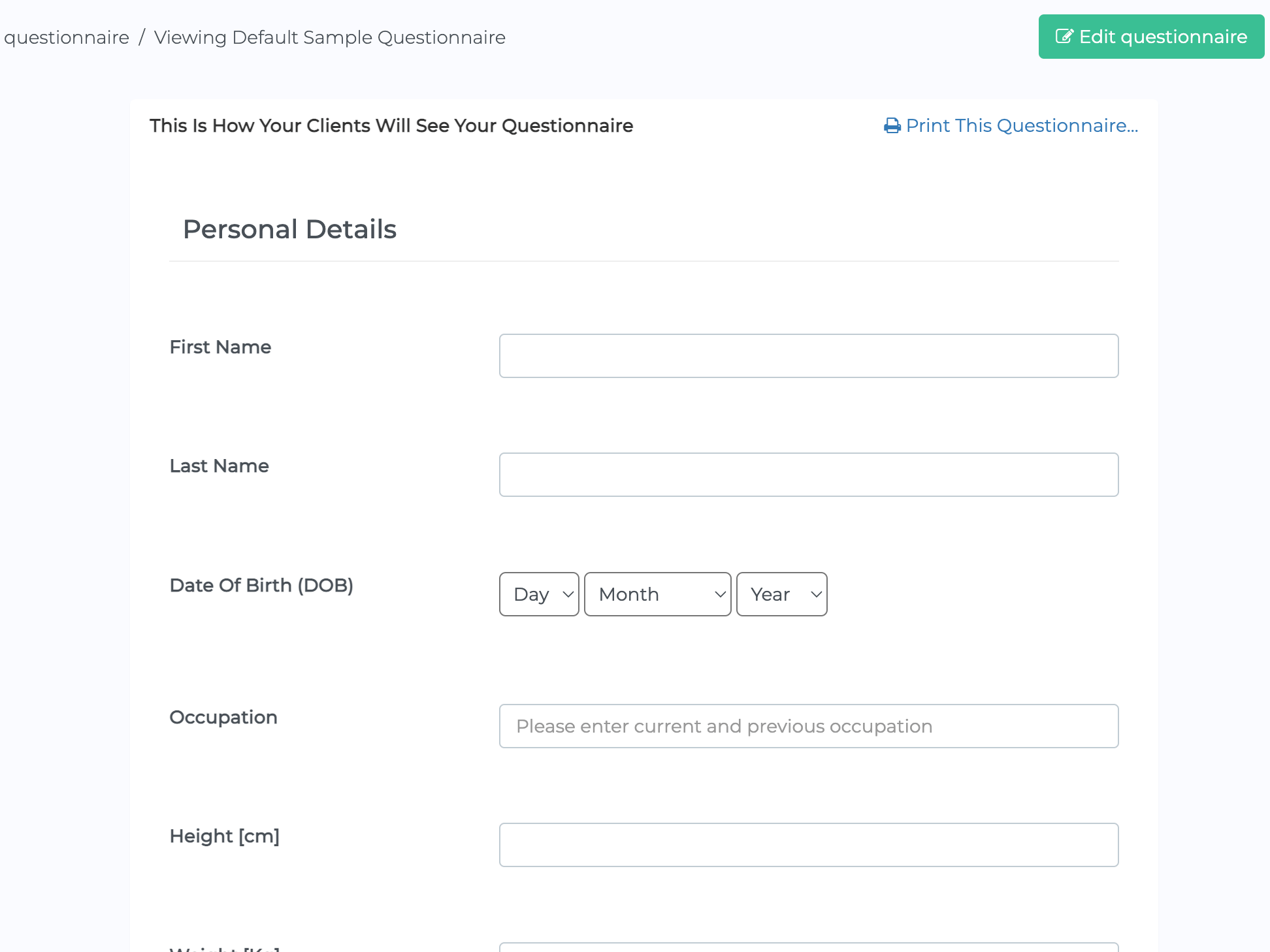 client questionnaires for nutritionists