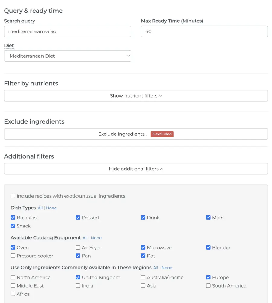 Recipes database advanced search filters