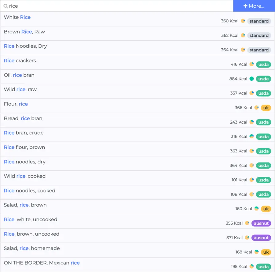 Recipes software query foods using quick search bar
