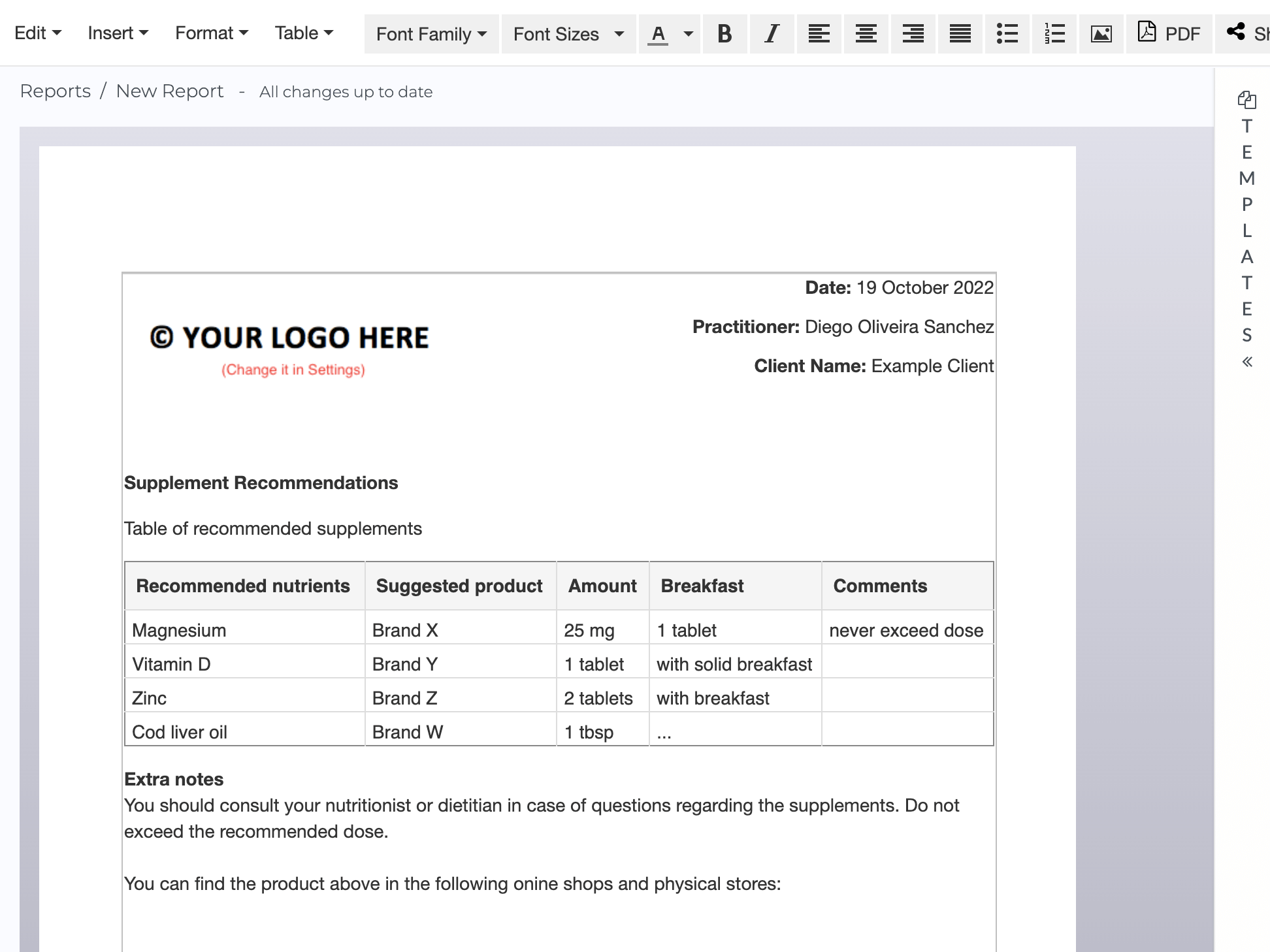 automated report templates for nutritionists