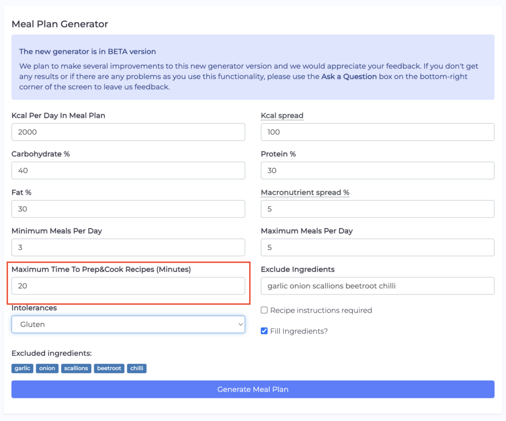 meal plan generator prep time option