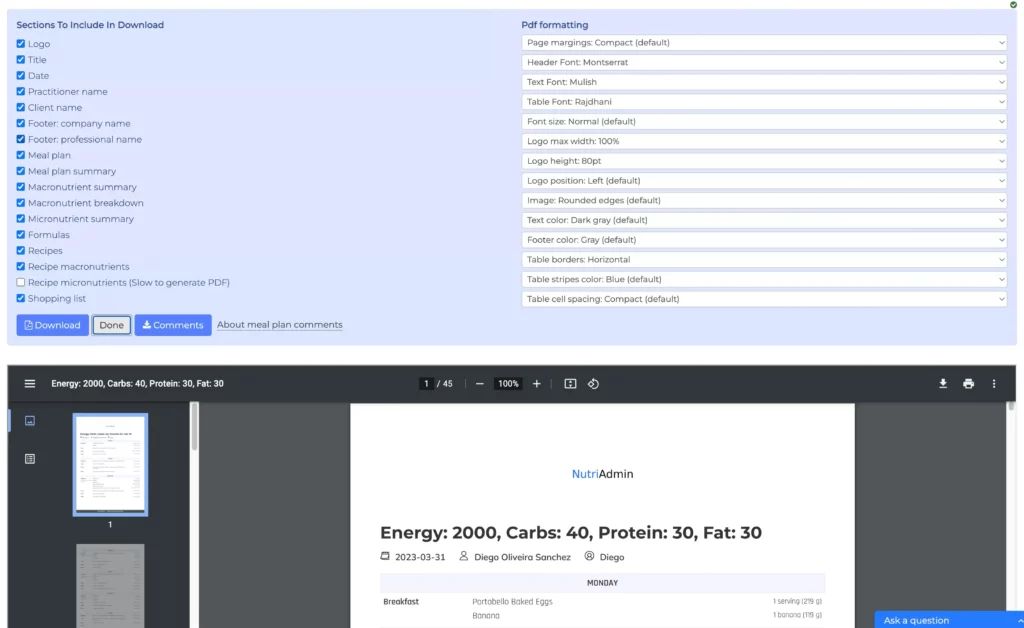 customizable pdf export meal plan