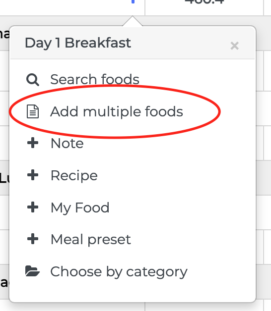 add multiple foods at once to create a meal plan quickly