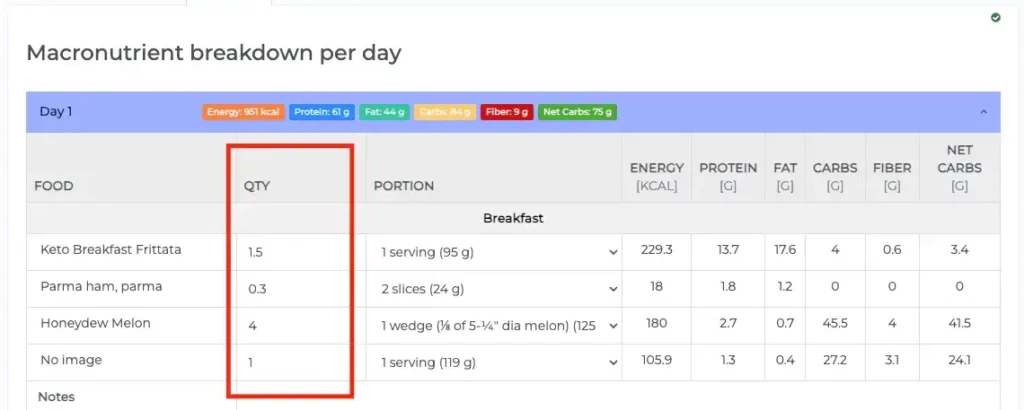 entering food quantities in meal plan