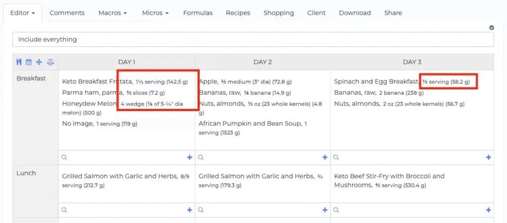 meal plan editor fractions