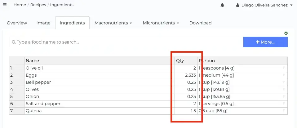 enetering food quantities in recipes