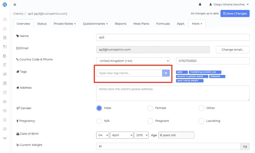 adding new tags to nutrition clients in nutriadmin