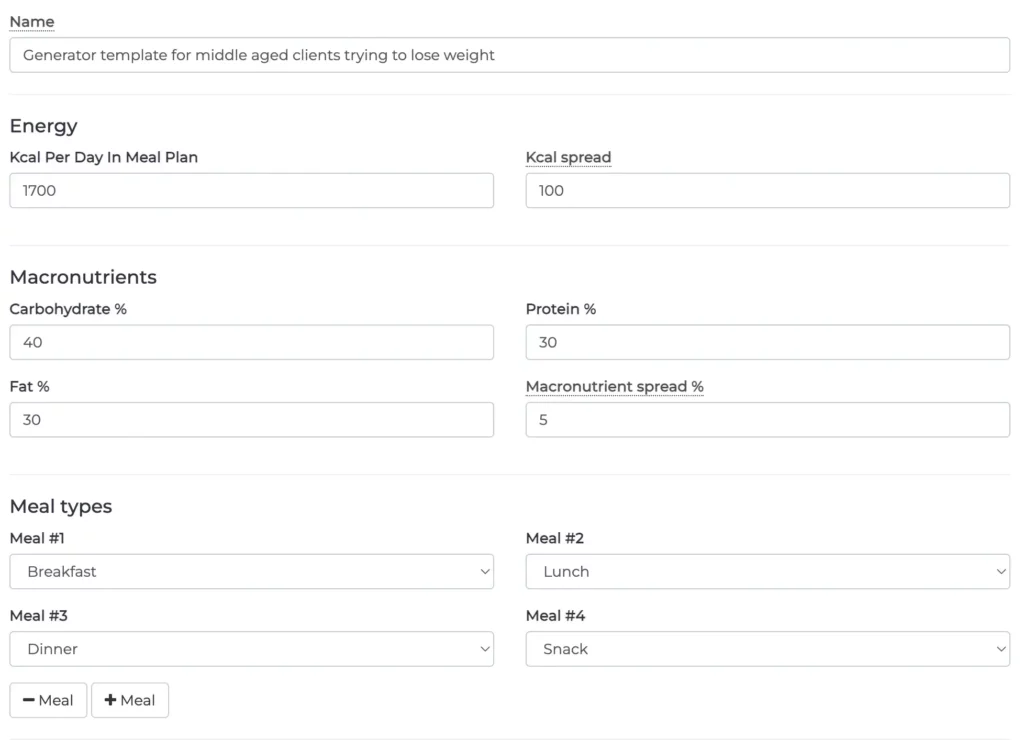 nutriadmin generator specifying parameters