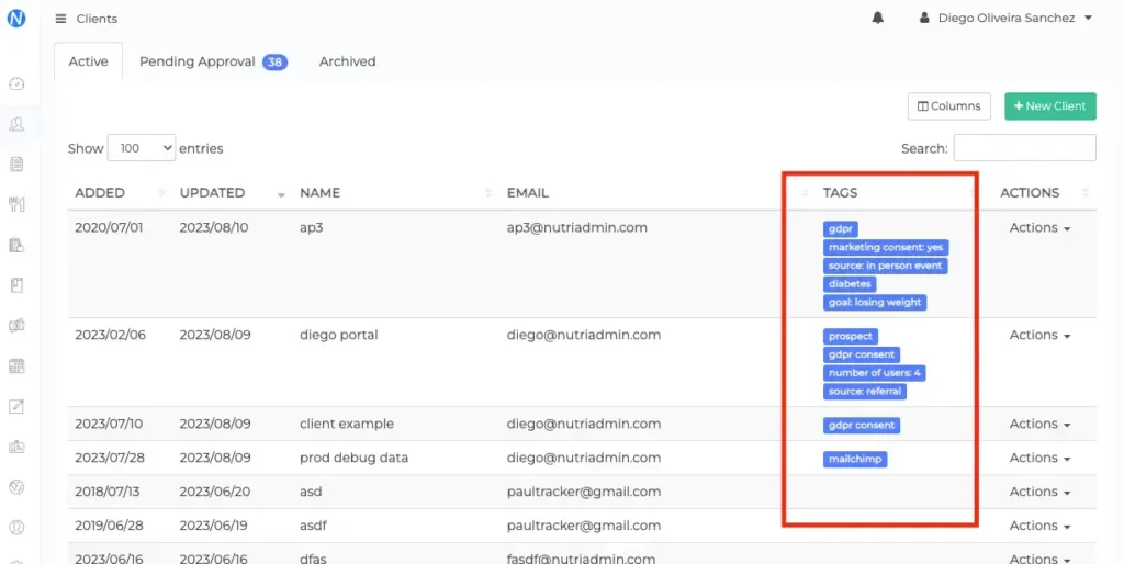 organizing nutrition practice clients with tags