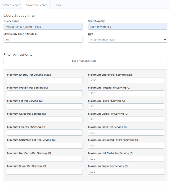 recipes database nutrient filters