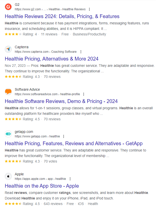 healthie top google results for reviews pricing free trial alternatives