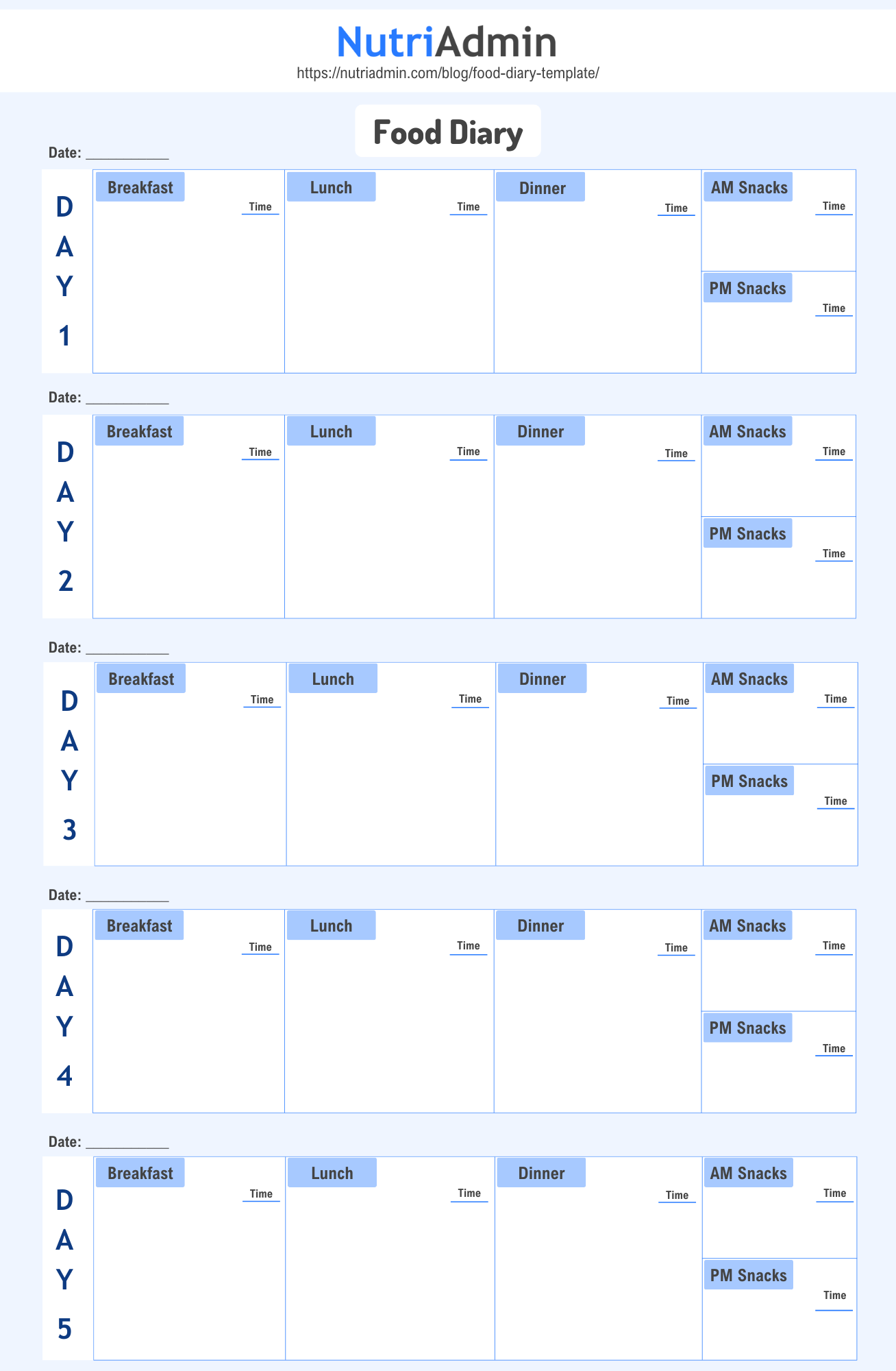 Food Diary Template: Assess and Track Food Intake