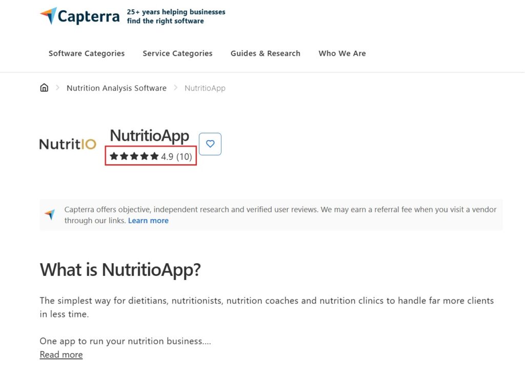 nutritio app in capterra rating capterra