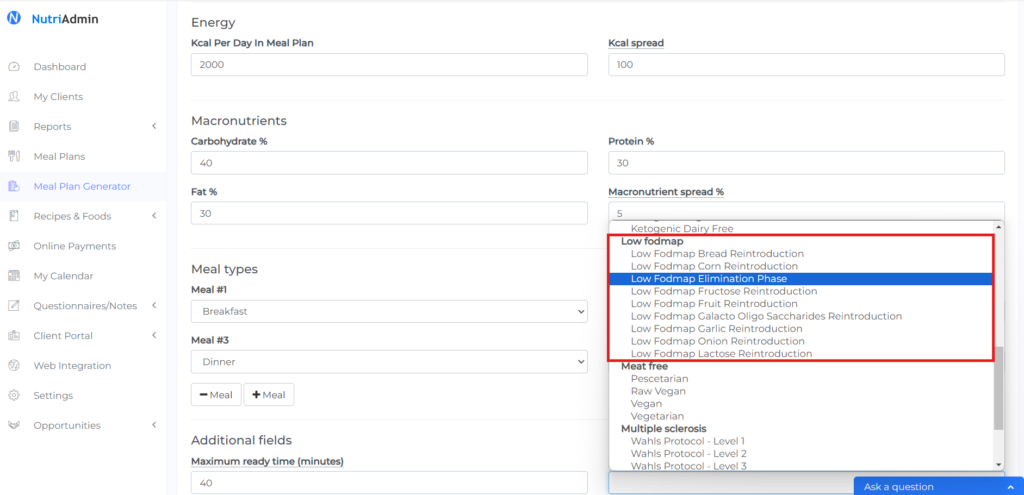 low fodmap meal plan generator diet filters in NutriAdmin