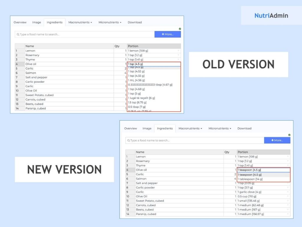 old and new version of nutriadmin food database portions